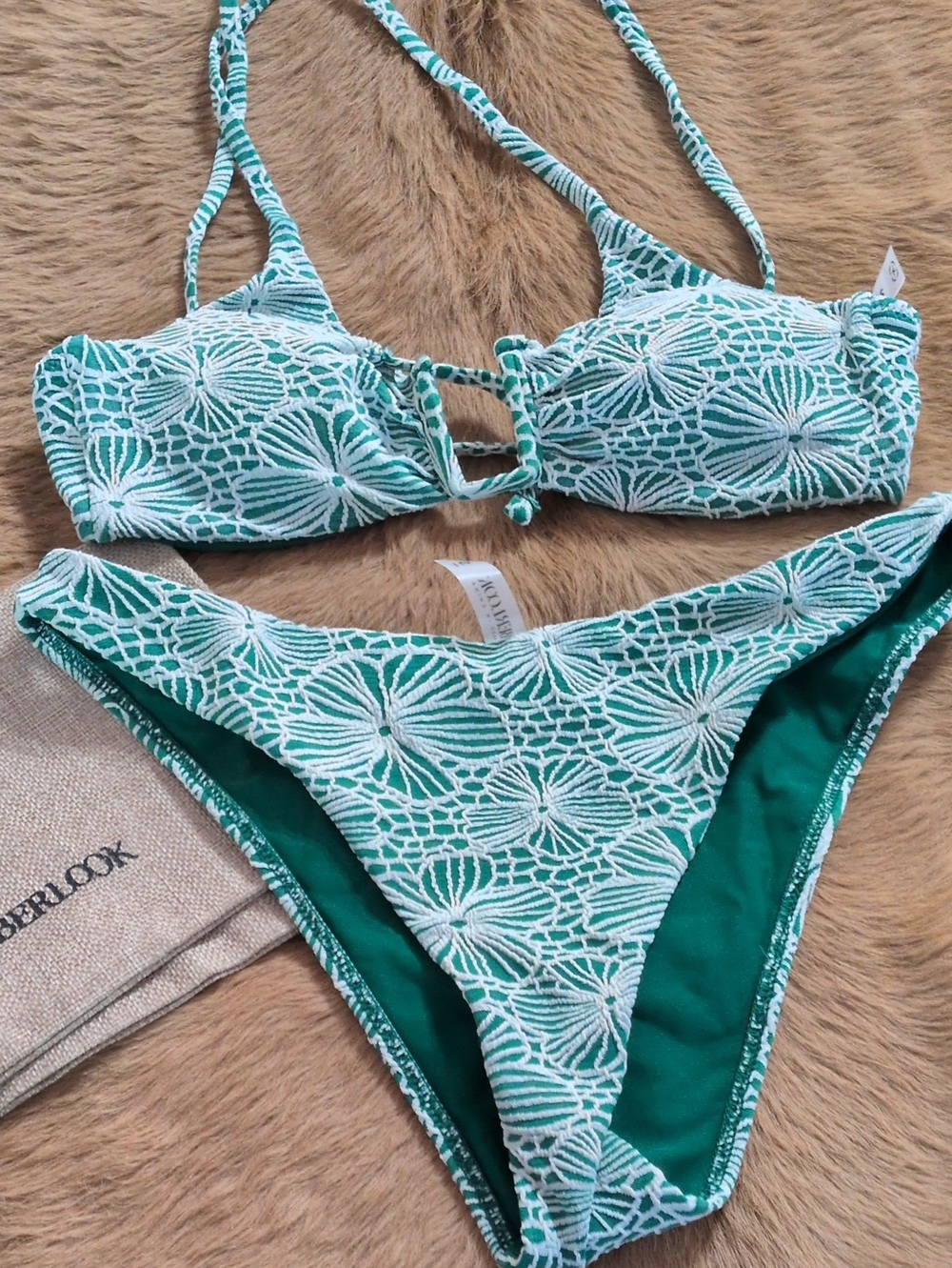 Green and White Floral Crochet Bikini Set by